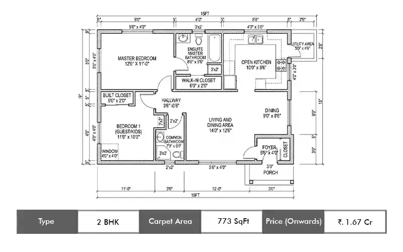 Lodha Bella Vista 2 BHK floor plan, 773 sq ft carpet area